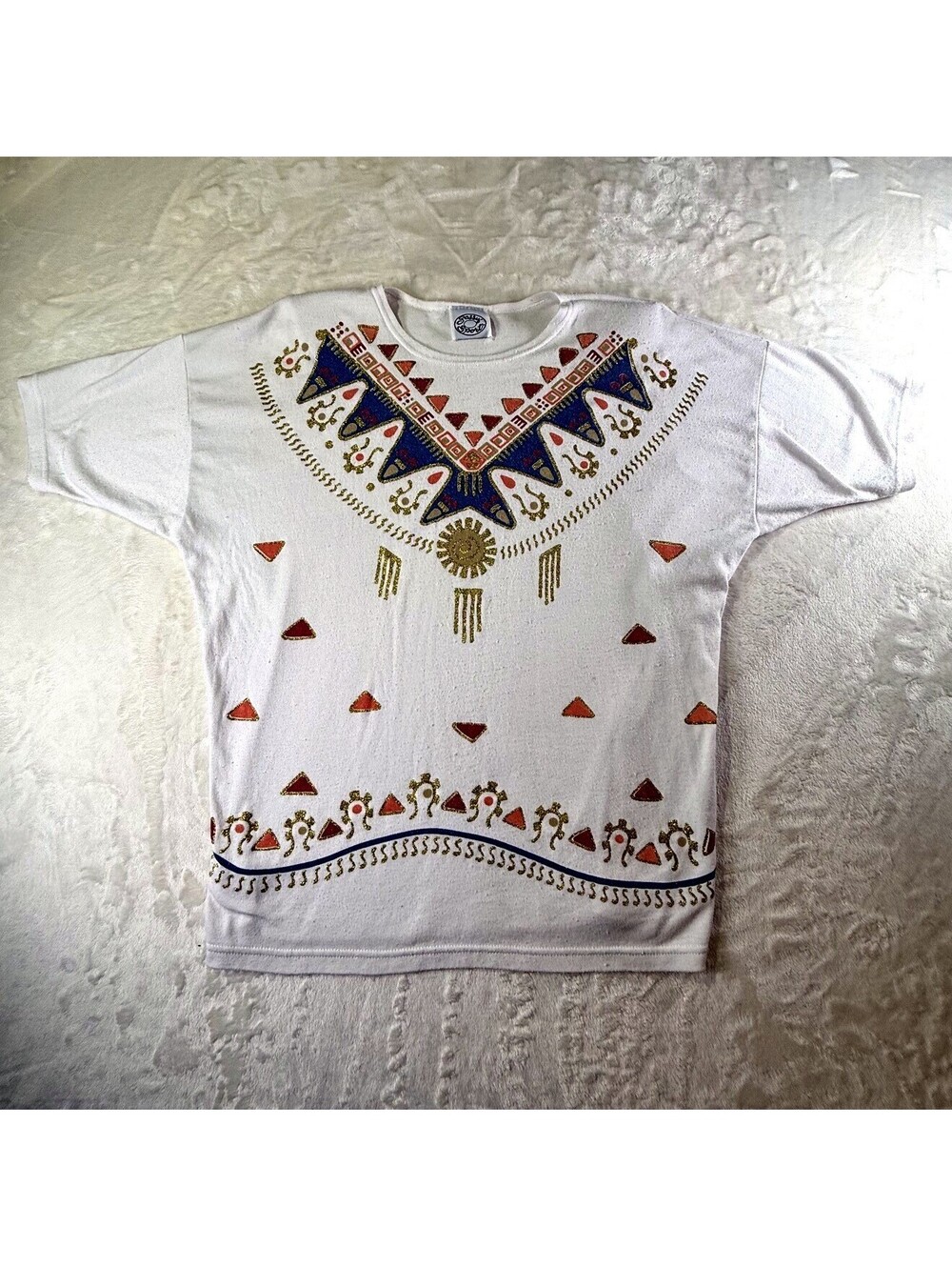 Sassy Sport Women's S White Southwest Aztec Glitter Print T-Shirt